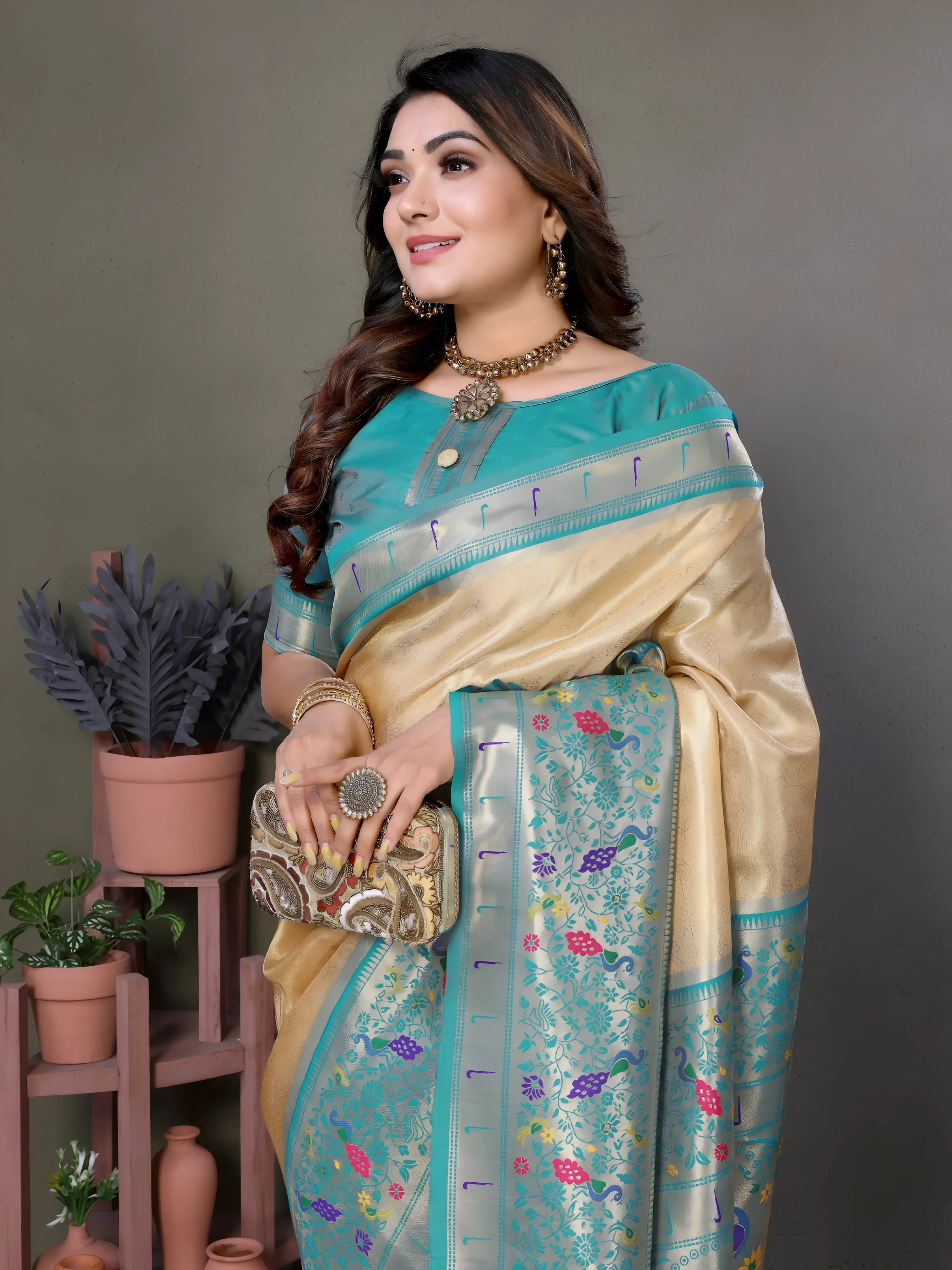 Beige Paithani Woven Banarasi Tissue Silk Saree